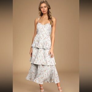Lulus Cascading Crush Pale Blue Floral Print Tiered Bustier Midi Dress Size L